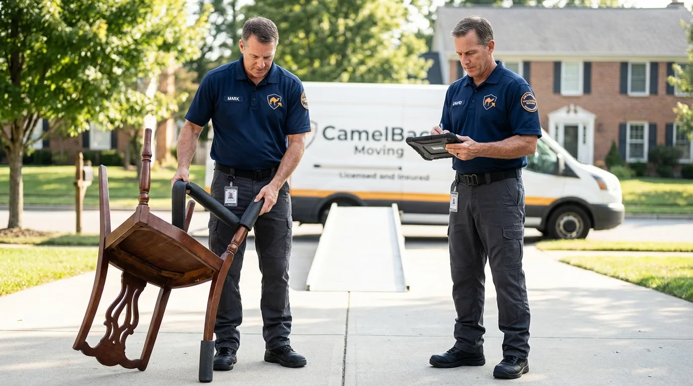 Movers inspecting furniture for damage prevention before loading in Belle Haven, VA