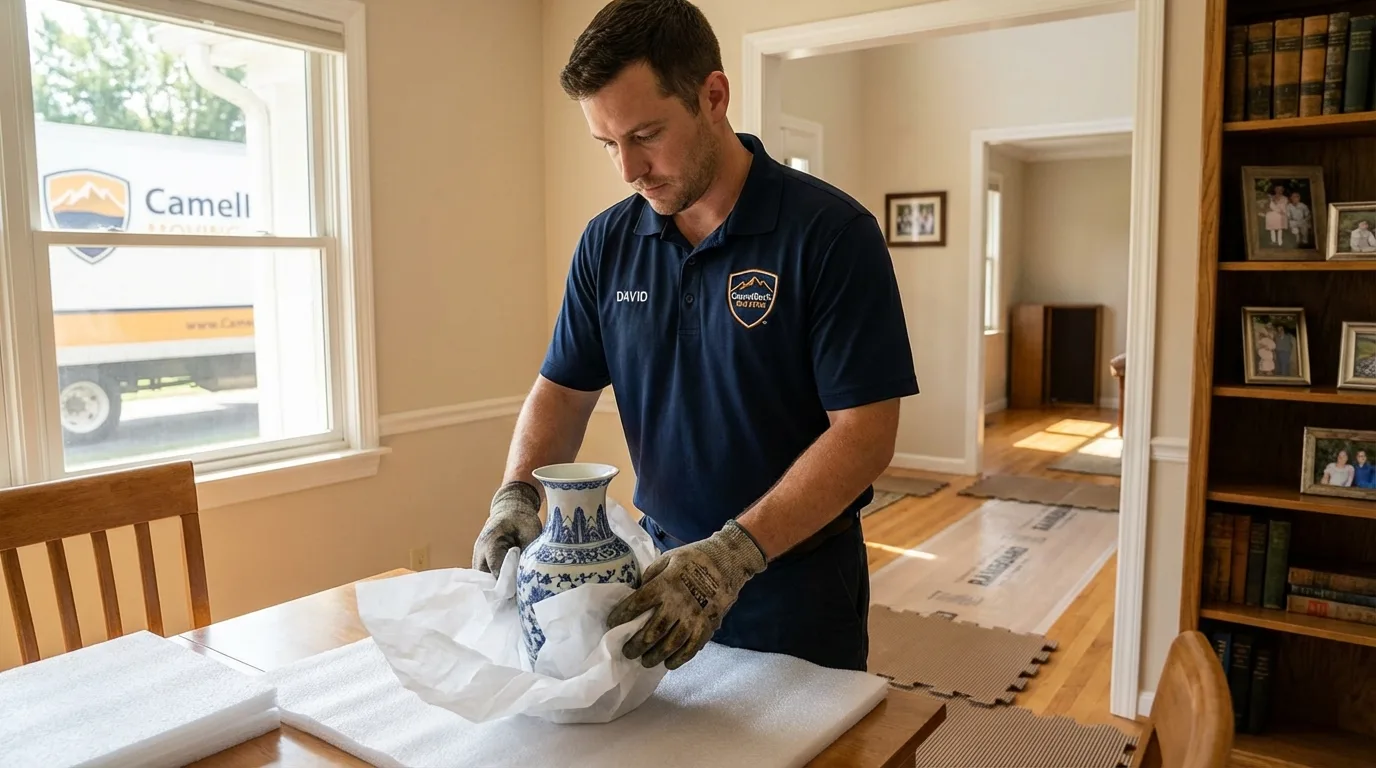 Professional crew carefully wrapping antique vase for senior downsizing move in Belle Haven, VA